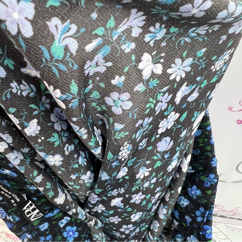 Zara long maxi flowers black Floral Blue Skirt green lace trim bottom hem - Picture 12 of 13
